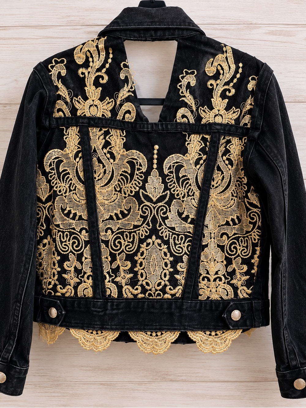 Second Chance by Aloha Refashioned Black Denim Gold Lace Jacket S/M